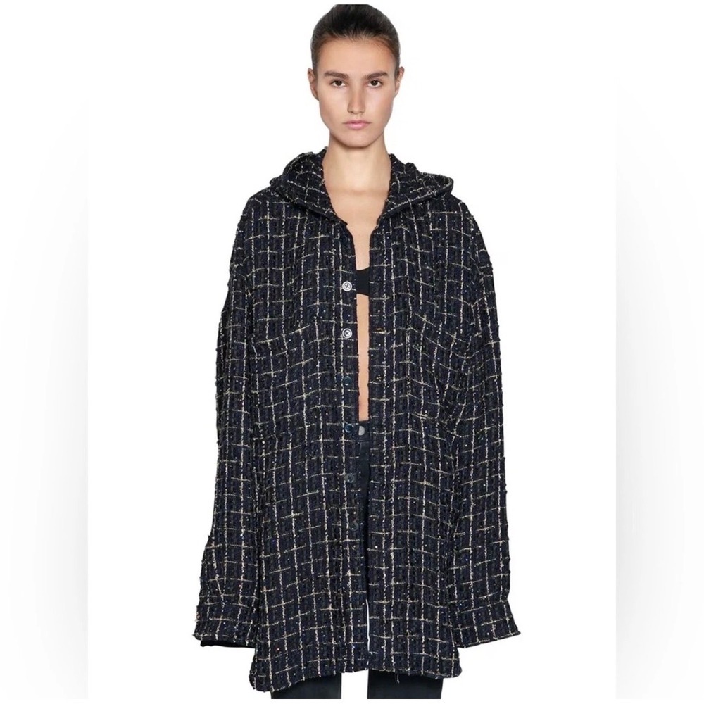 Oversized Navy Tweed Hooded Coat - Women